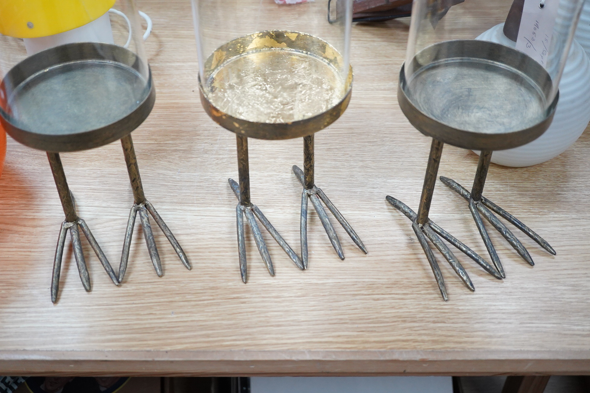 A trio of unusual glass domed display cases on ‘birds feet’ stands, 45cm